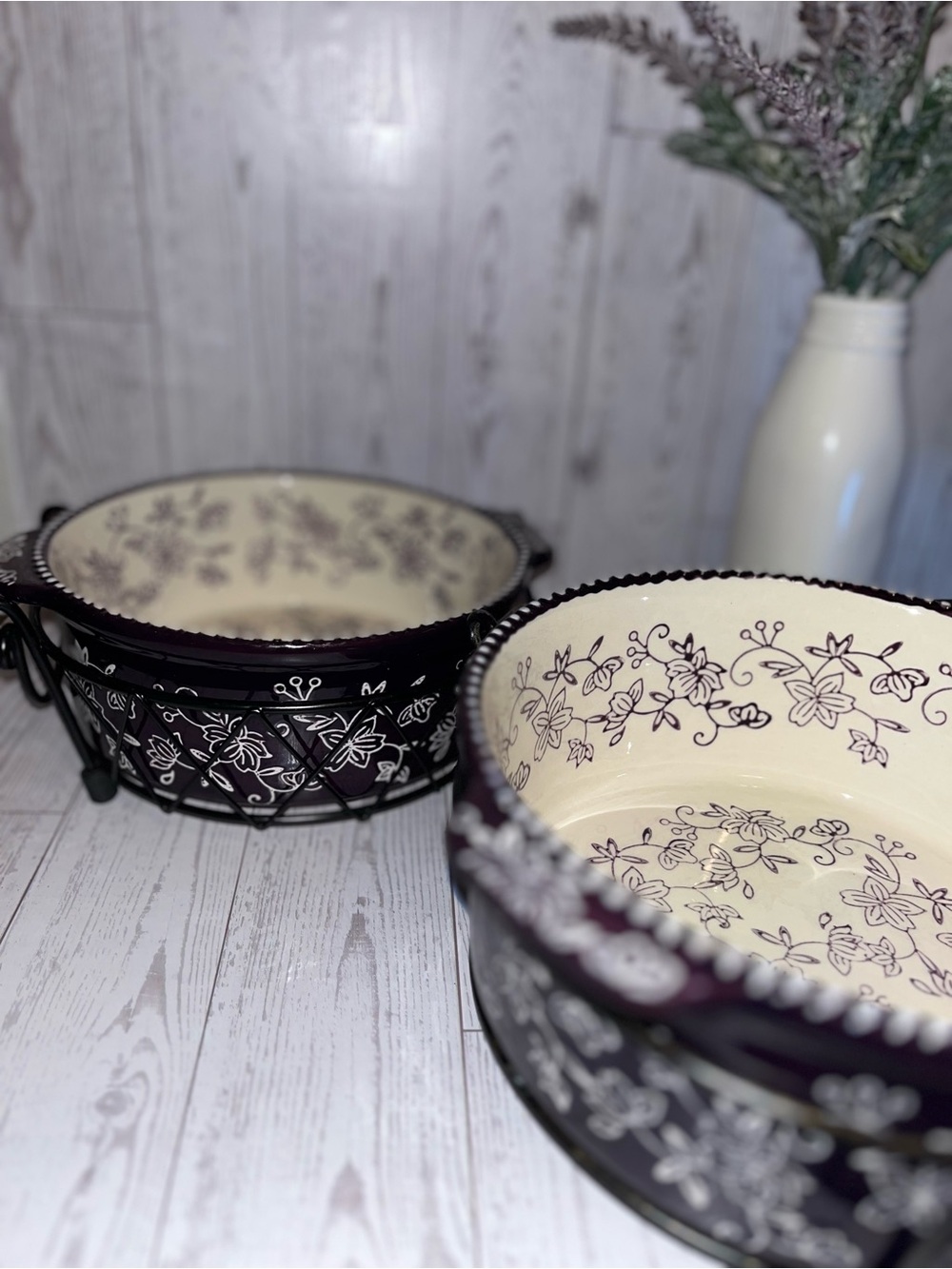 Temptations Purple and Cream Floral Ceramic Bowl with Black Metal Stand - Picture 4 of 10
